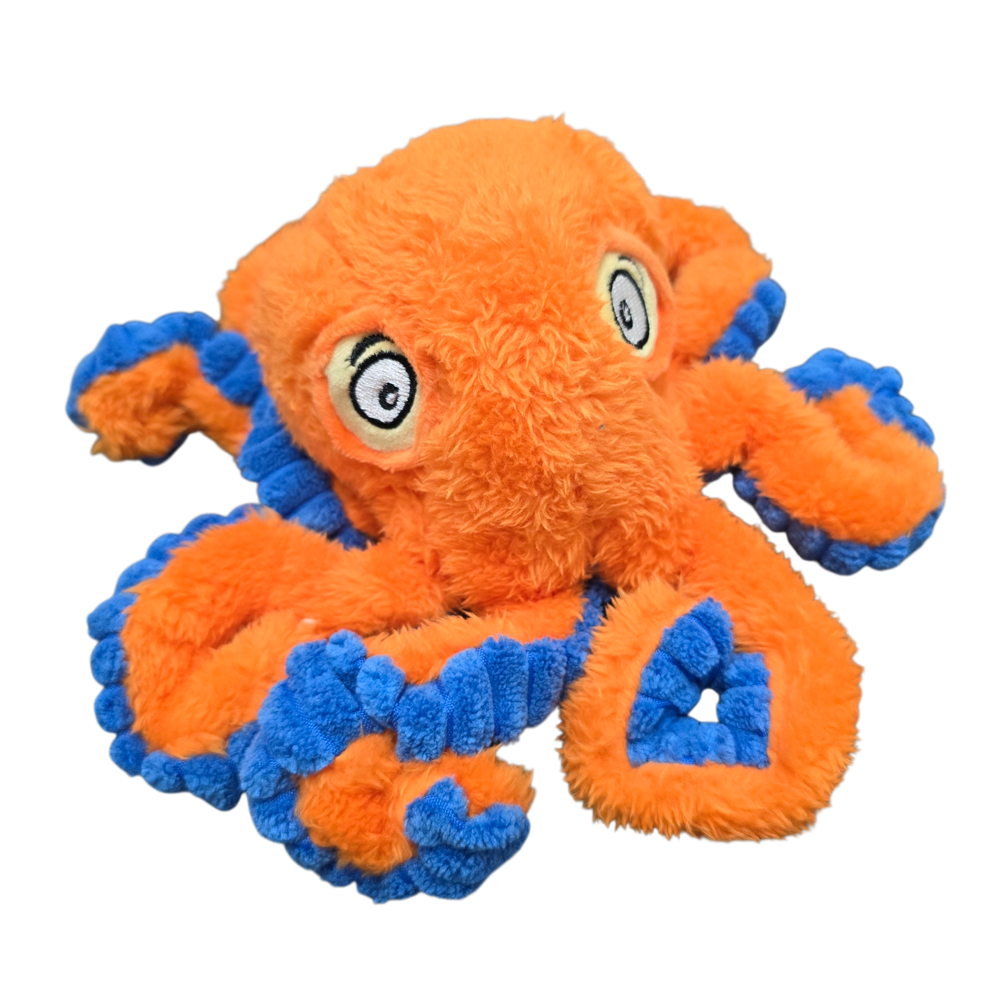 Plush toy octopus with orange body with squeaker and blue crinkly sounding stretchy tentacles
