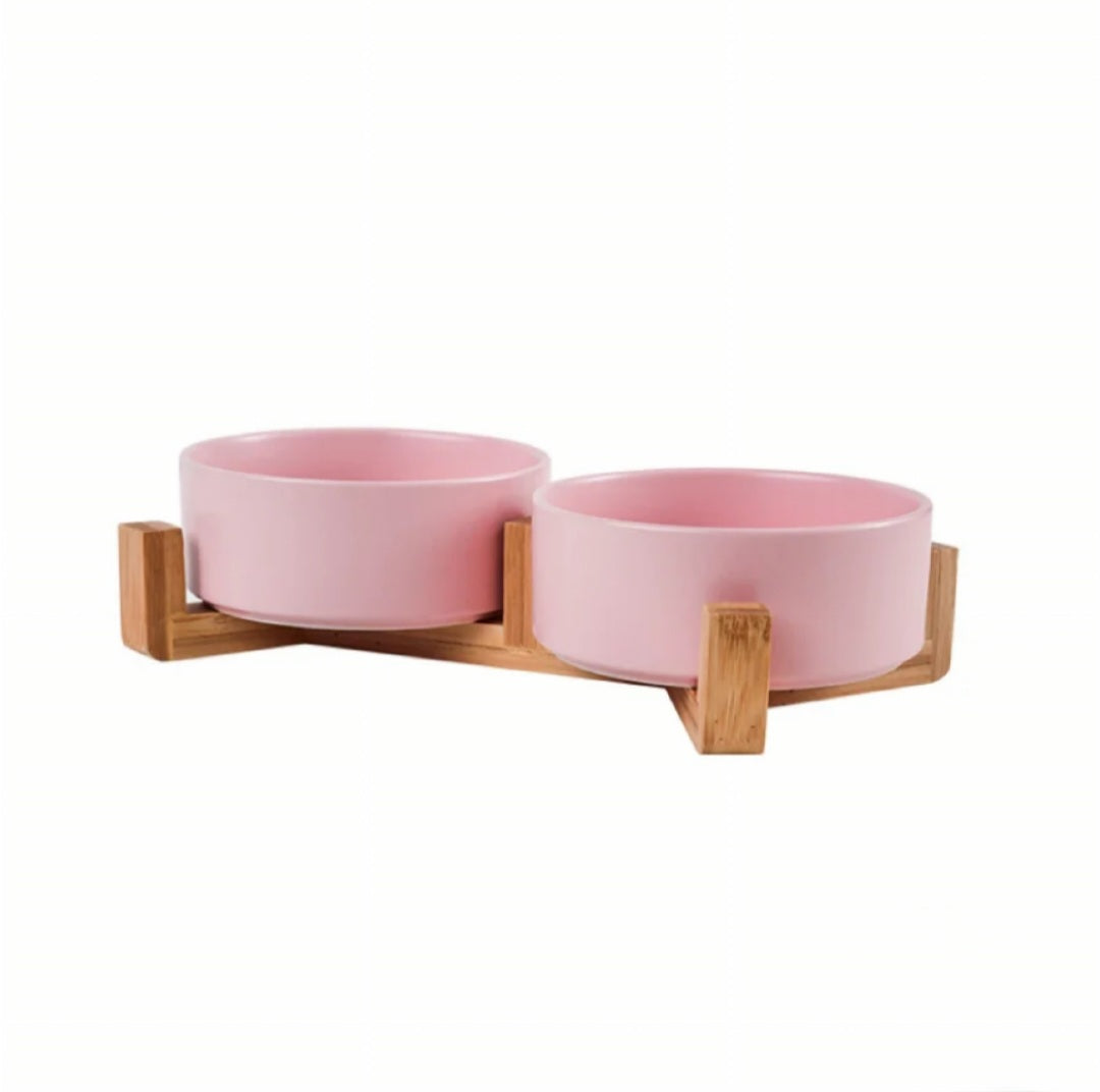 Dog and Cat Dual FOOD and WATER BOWLS with BAMBOO STAND