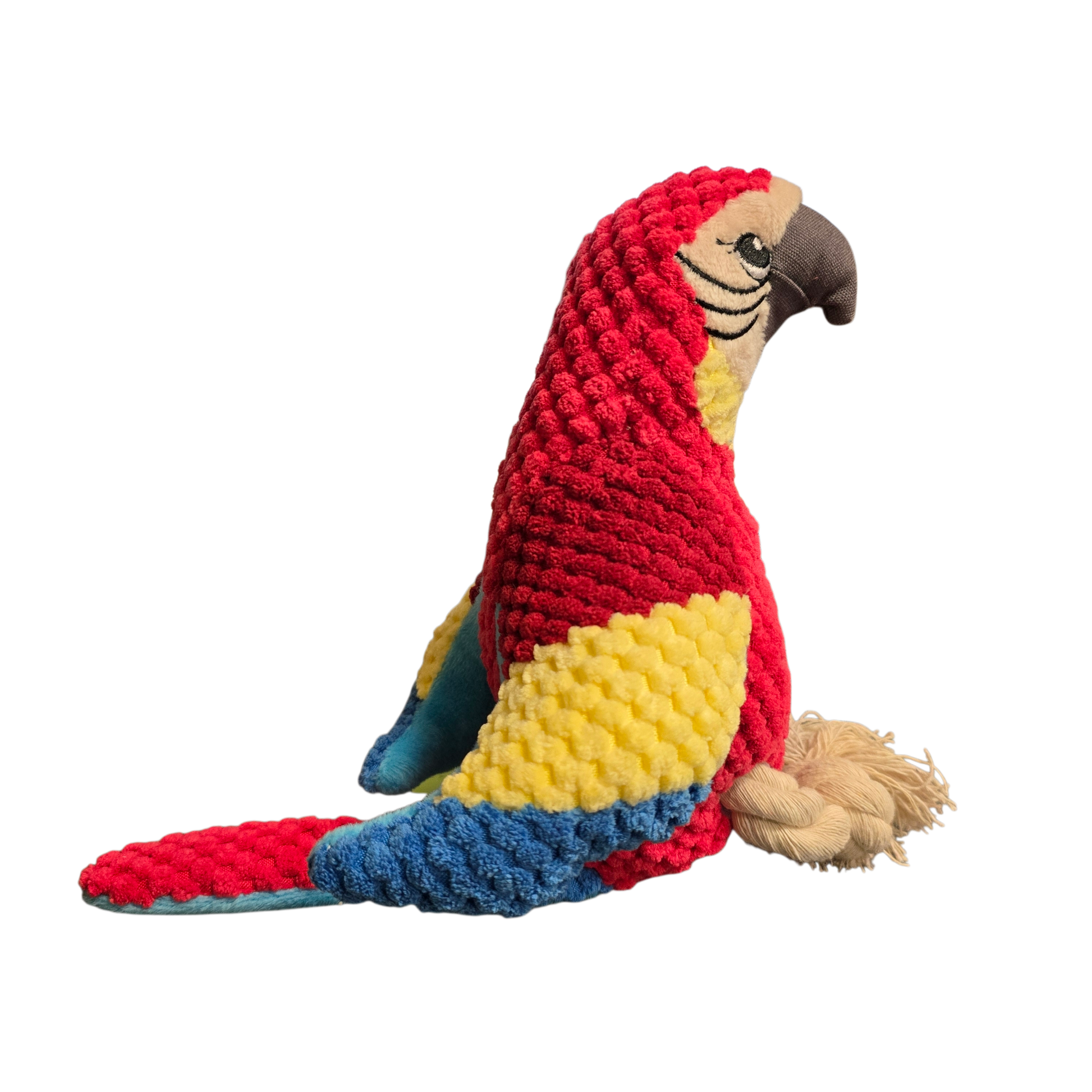 Plush pet toy parrot with red, yellow, and blue colors with squeaker, crinkle tail and pulling rope legs