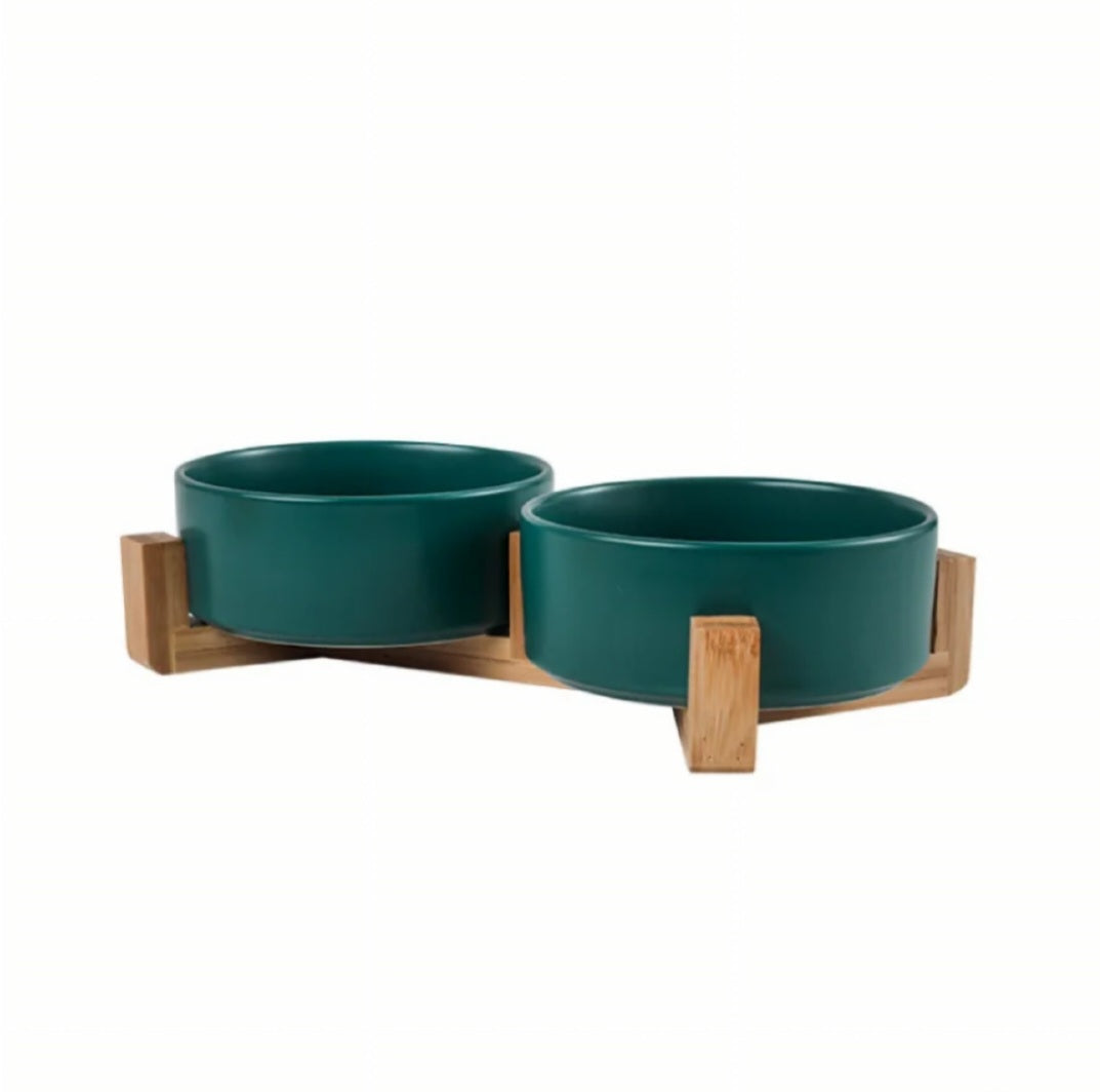 Dog and Cat Dual FOOD and WATER BOWLS with BAMBOO STAND