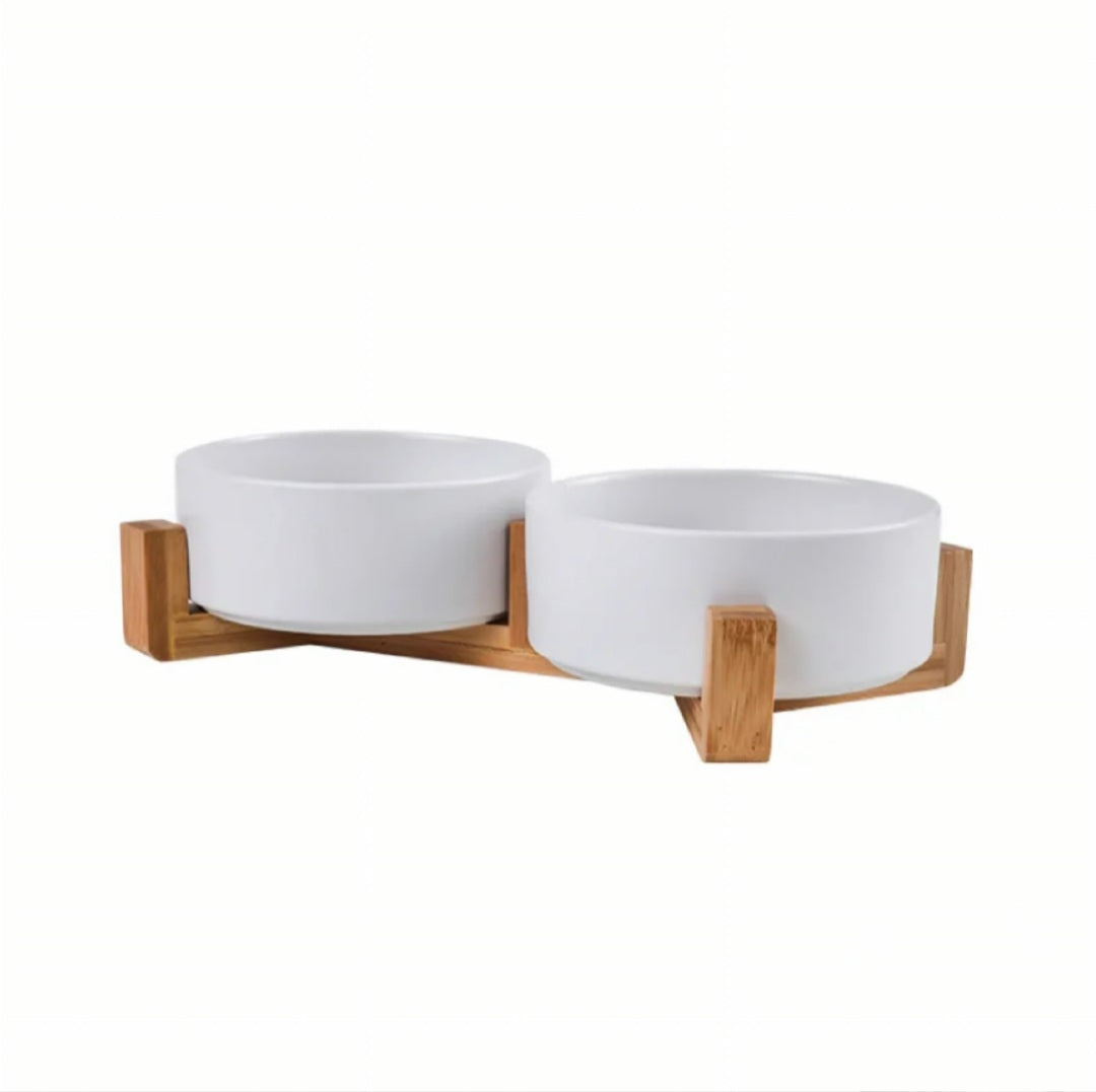 Dog and Cat Dual FOOD and WATER BOWLS with BAMBOO STAND