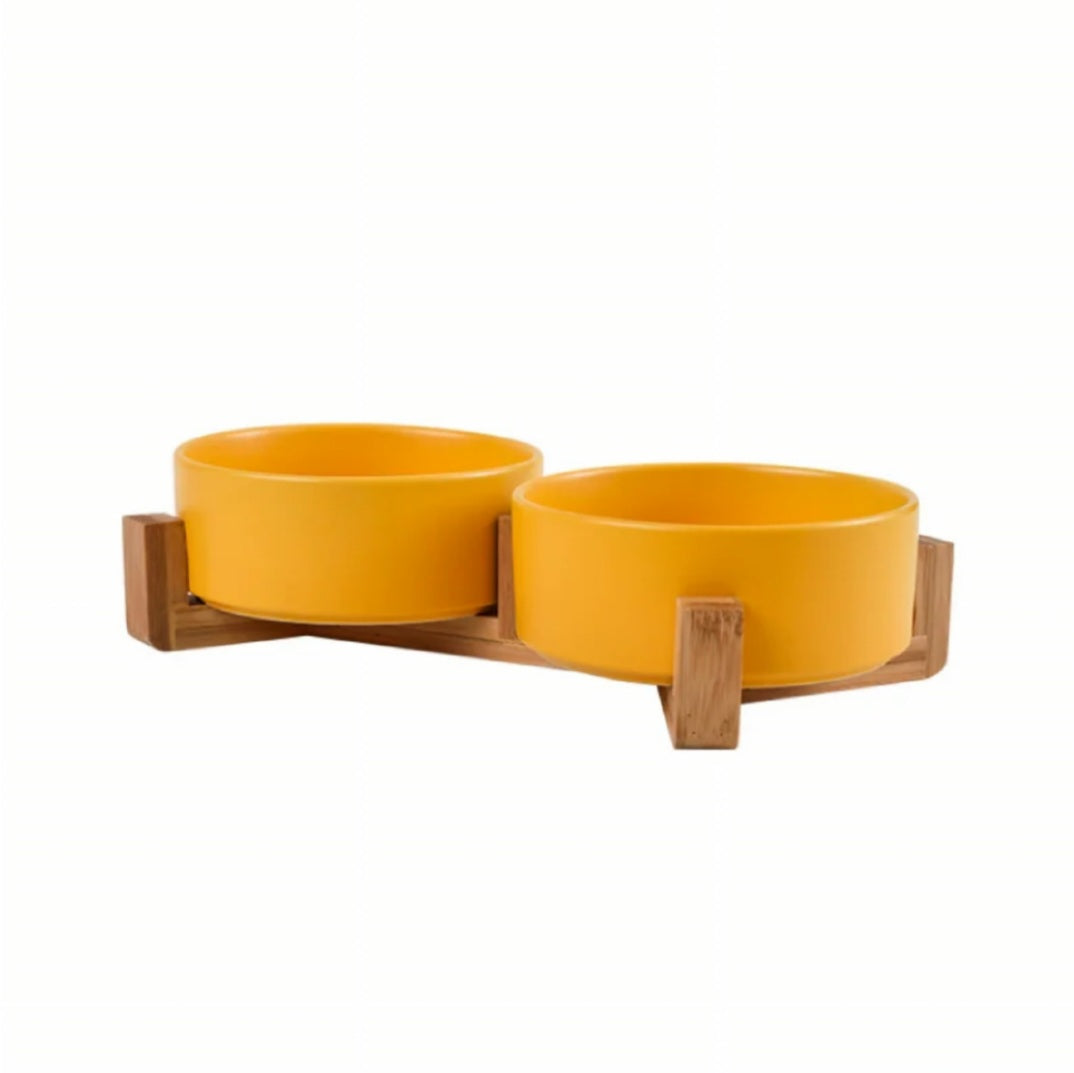 Dog and Cat Dual FOOD and WATER BOWLS with BAMBOO STAND