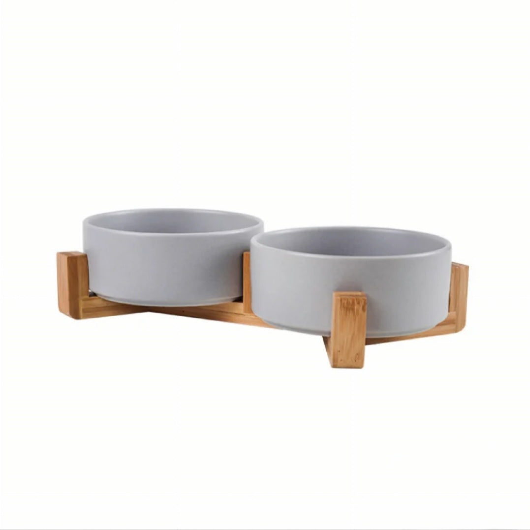 Dog and Cat Dual FOOD and WATER BOWLS with BAMBOO STAND