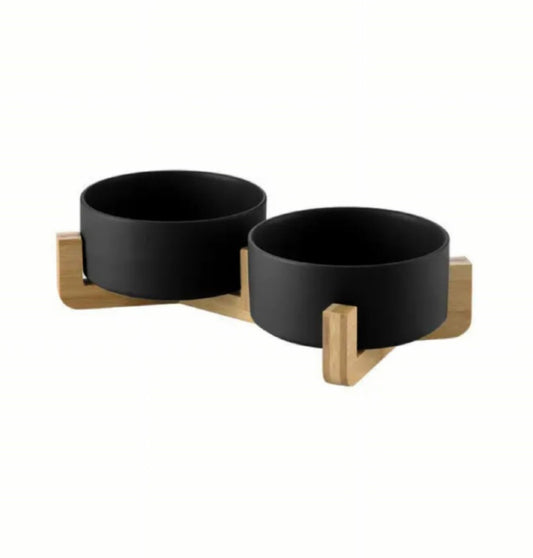 Dog and Cat Dual FOOD and WATER BOWLS with BAMBOO STAND